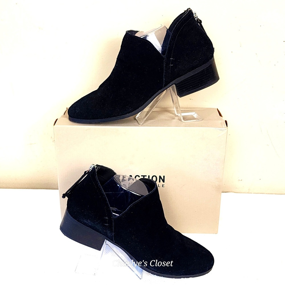 Kenneth Cole Reaction Side Skip Blk Suede Ankle Bootie 11M Cutout Zipper Back‎